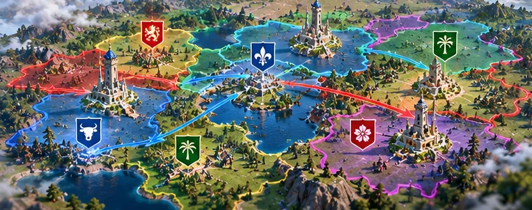 Rise of Kingdoms kingdom map with alliance territories, passes and march routes