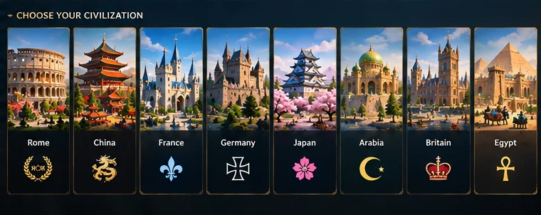 Rise of Kingdoms civilization select: Rome, China, France, Germany, Japan, Arabia, Britain, Egypt