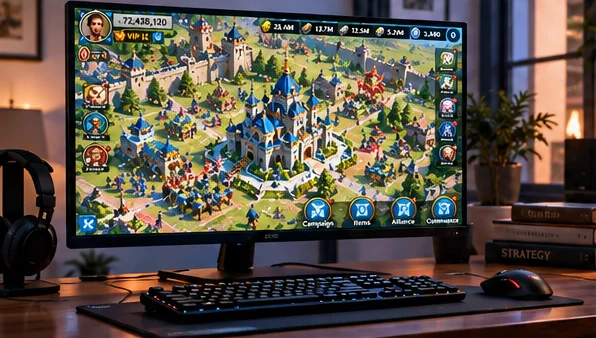 Rise of Kingdoms running on a Windows PC monitor with keyboard and mouse